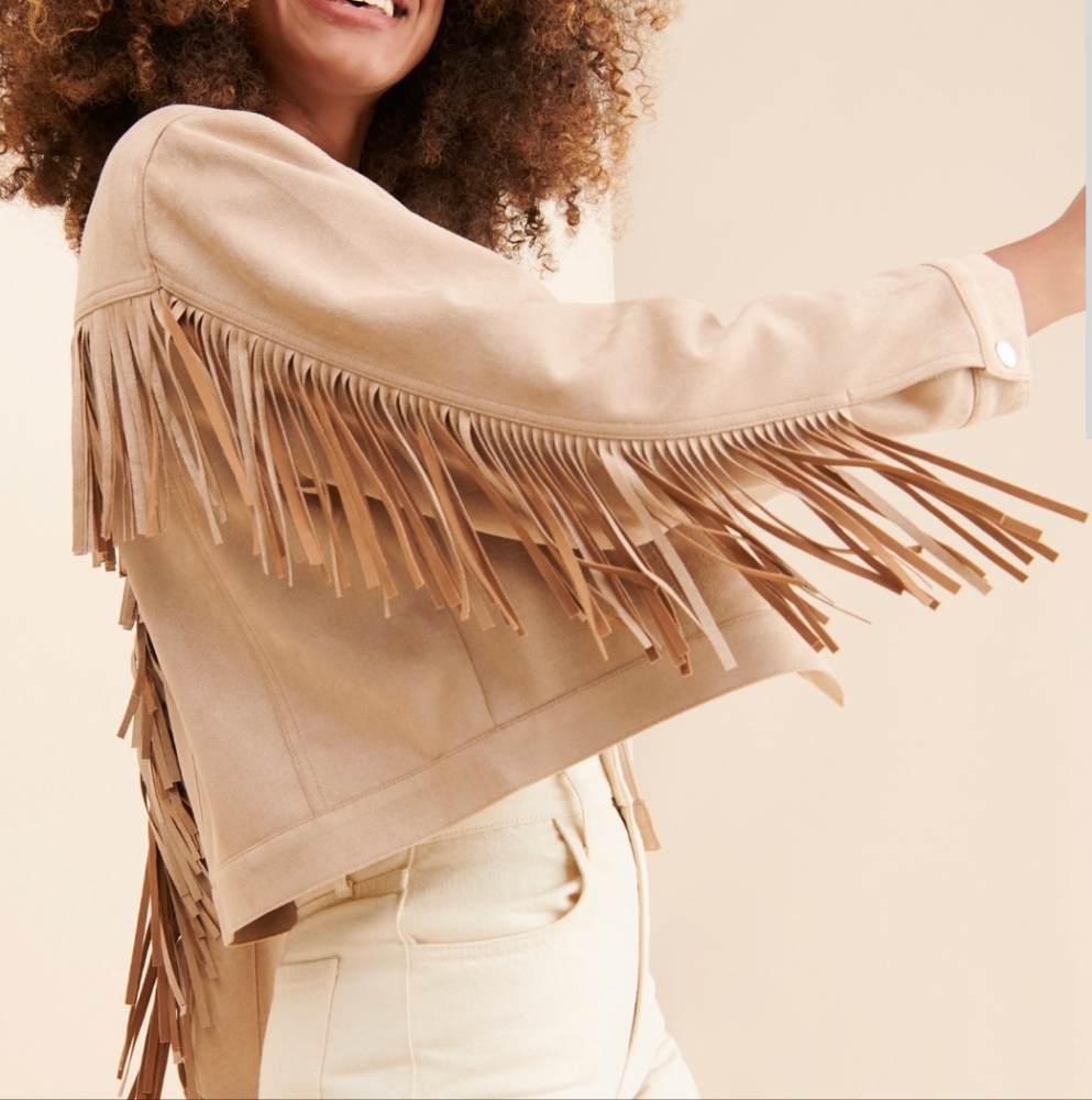 Fringe Tan Jacket In Faux Suede
